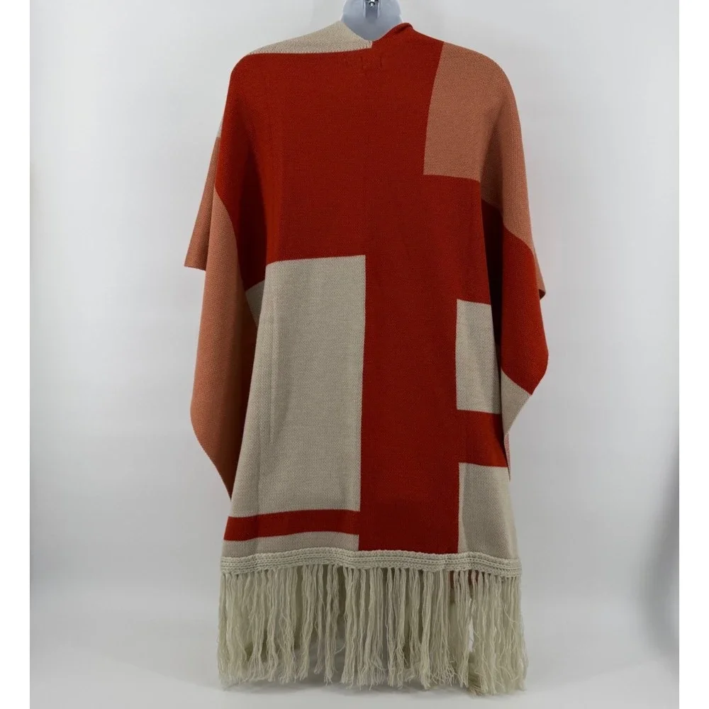 Frye Ruana Shawl Poncho One Size Apricot Colorblock Fringe NWT with flaw